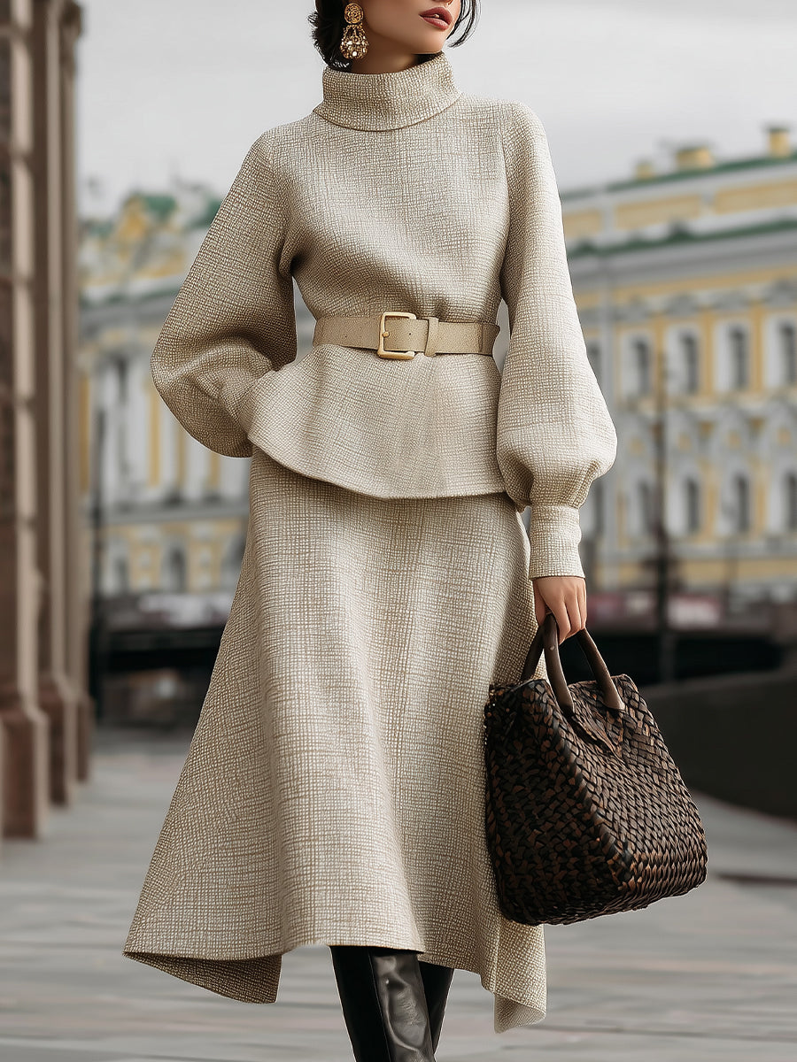 Beige Woven High-Neck Top And Asymmetric Skirt Set With Belt