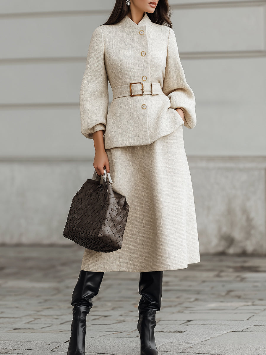 Beige Belted Midi Set With Structured Sleeves