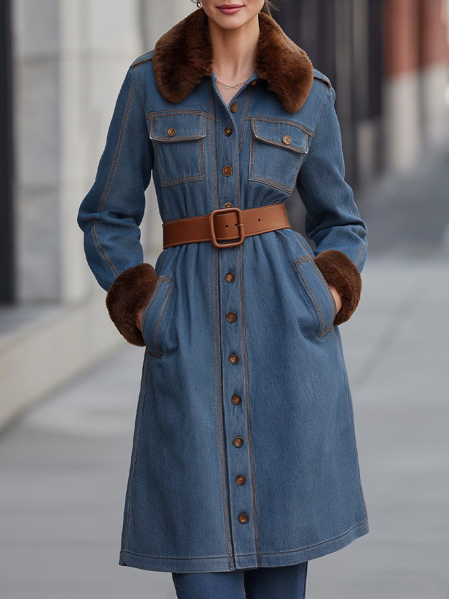 Belted Denim Coat With Faux Fur Trim