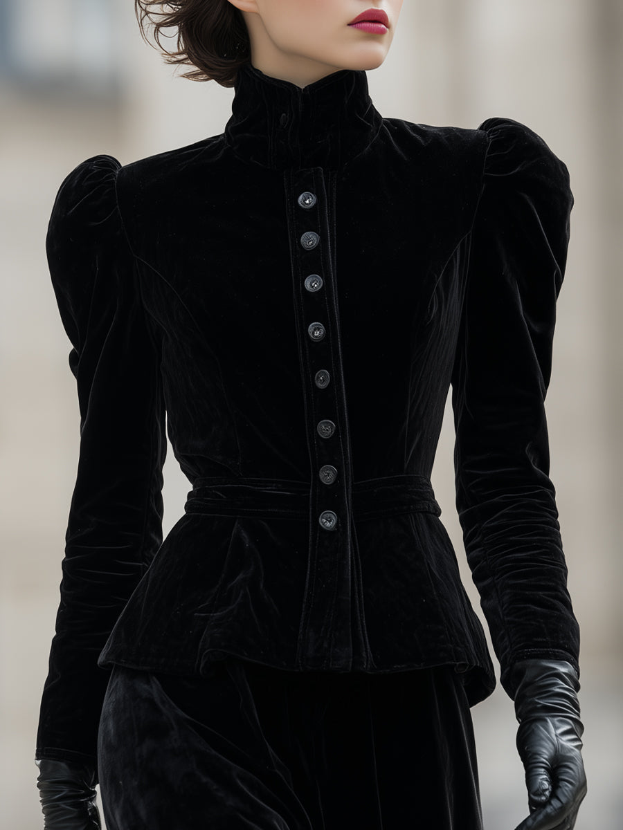 Structured Velvet High-Collar Jacket
