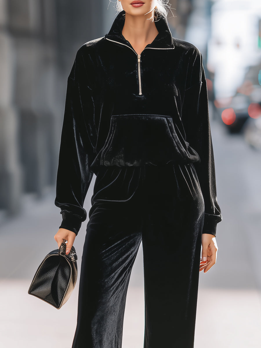 Luxe Black Velvet Tracksuit Set