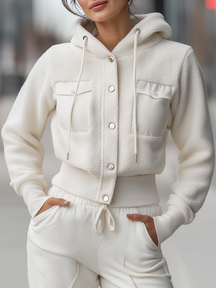 Polar Fleece Panelled Cropped Hoodie Jacket