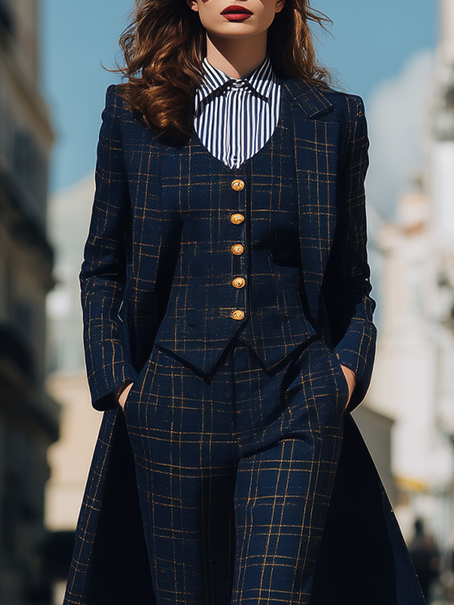 Navy Checkered Three-Piece Suit With Long Coat