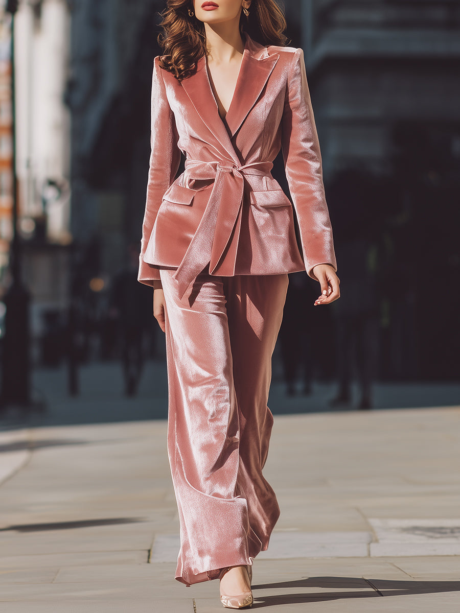 Rose Velvet Belted Pantsuit
