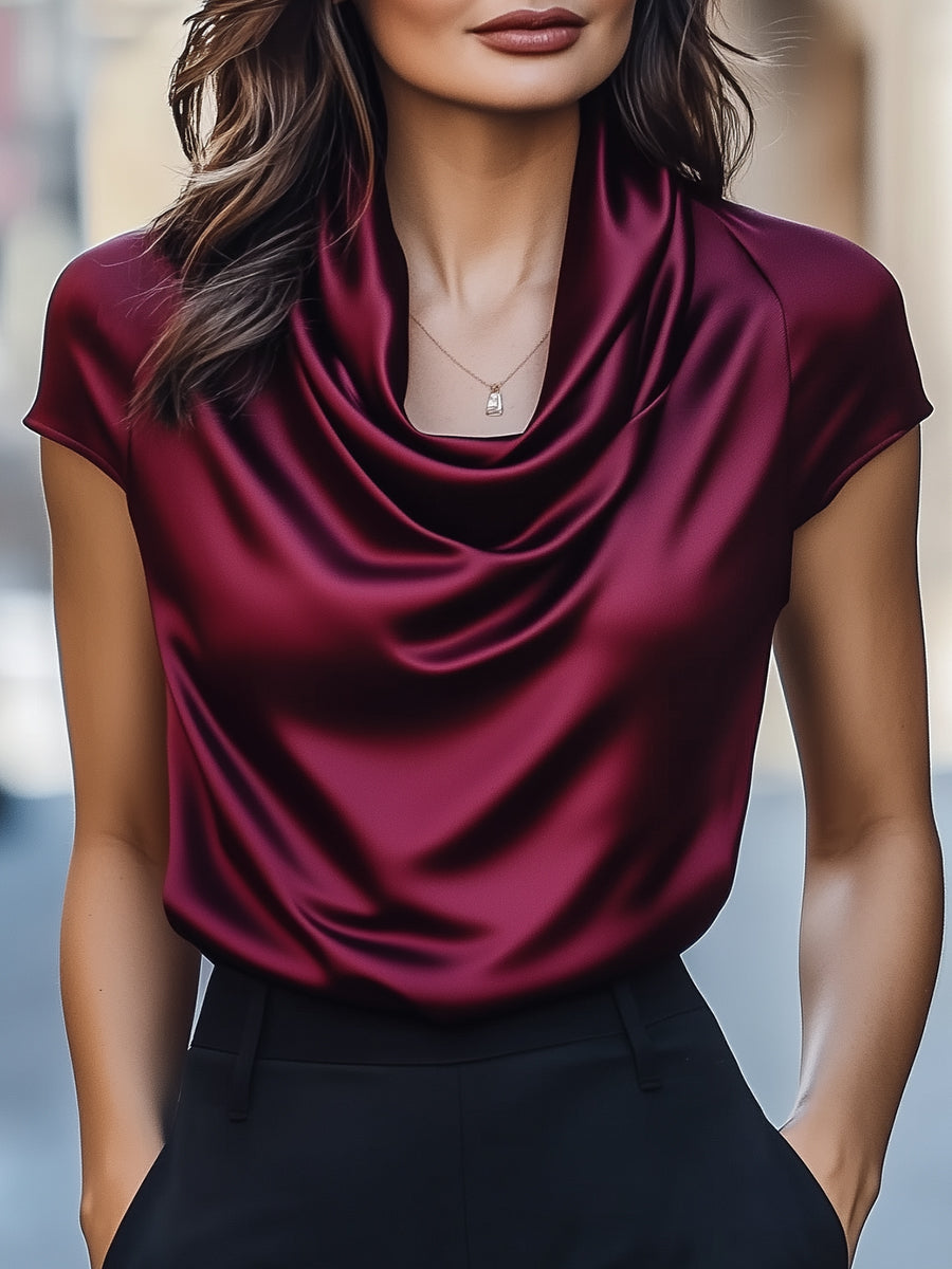 Elegant Burgundy Satin Cowl Neck Blouse