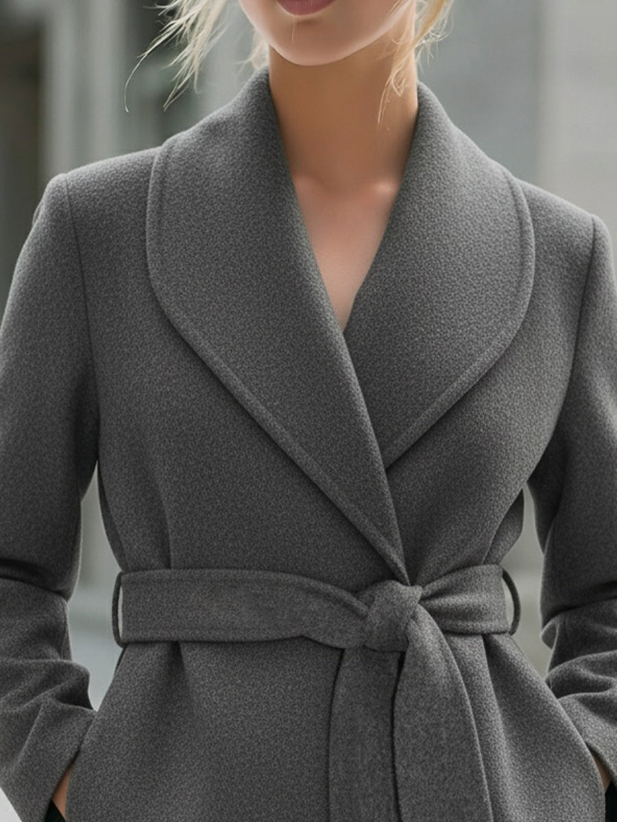 Elegant Grey Wrap - Style Coat With Belt