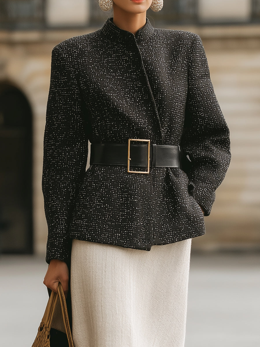 Black Tweed Jacket And Ivory Midi Skirt Set With Contrast Belt