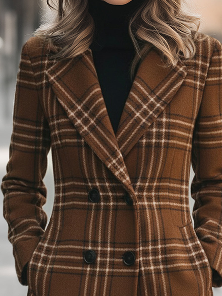 Mooyius Brown Plaid Double-Breasted Wool  Blend Coat