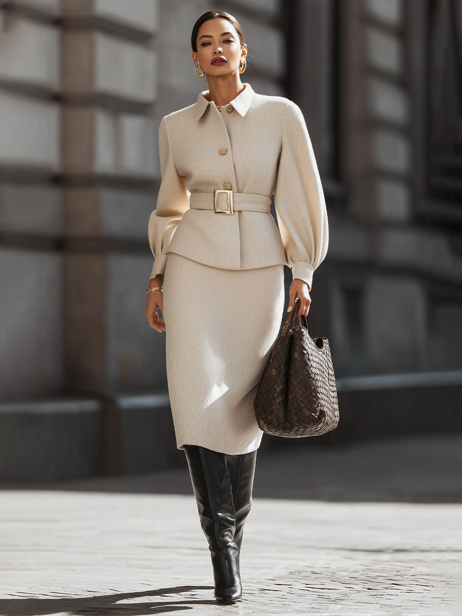 Structured Ivory Woven Belted Skirt Set