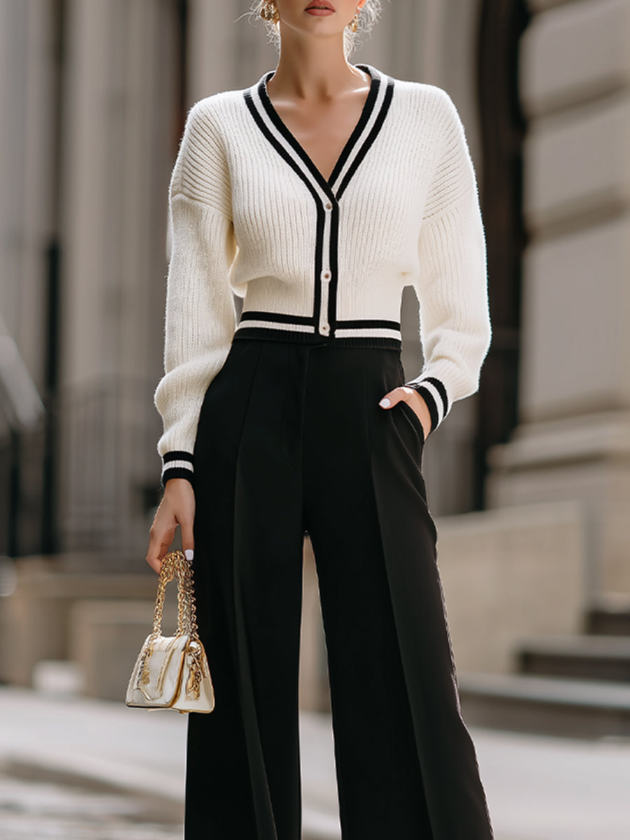 White And Black Contrast Knit Top With Wide - Leg Trousers Set