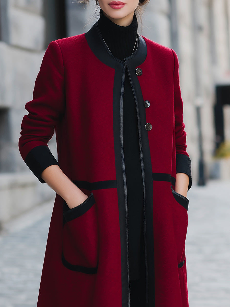 Elegant Contrast-Trim Functional Pockets Wool Coat