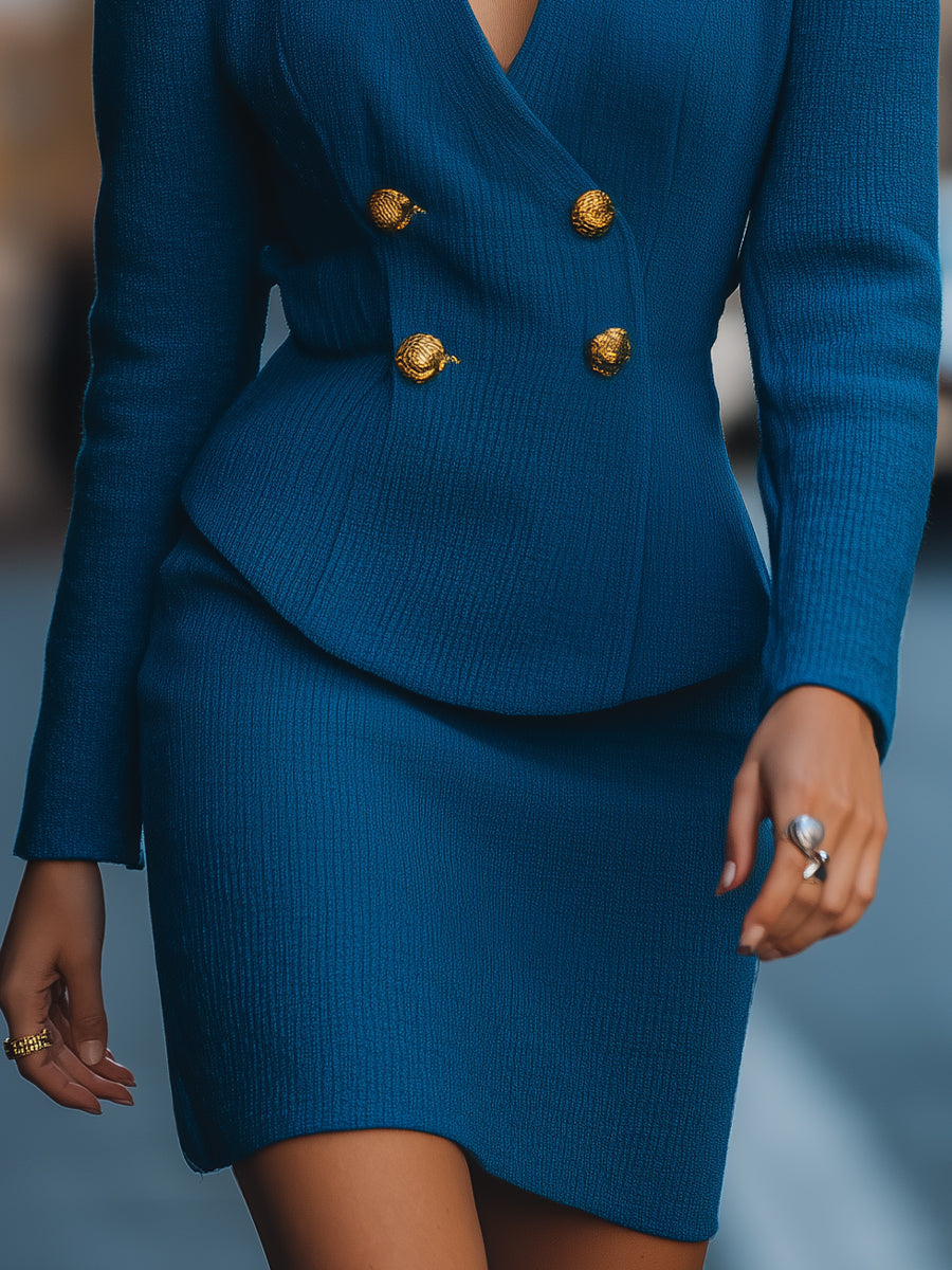 Elegant Royal Blue Double-Breasted Knit Skirt Suit