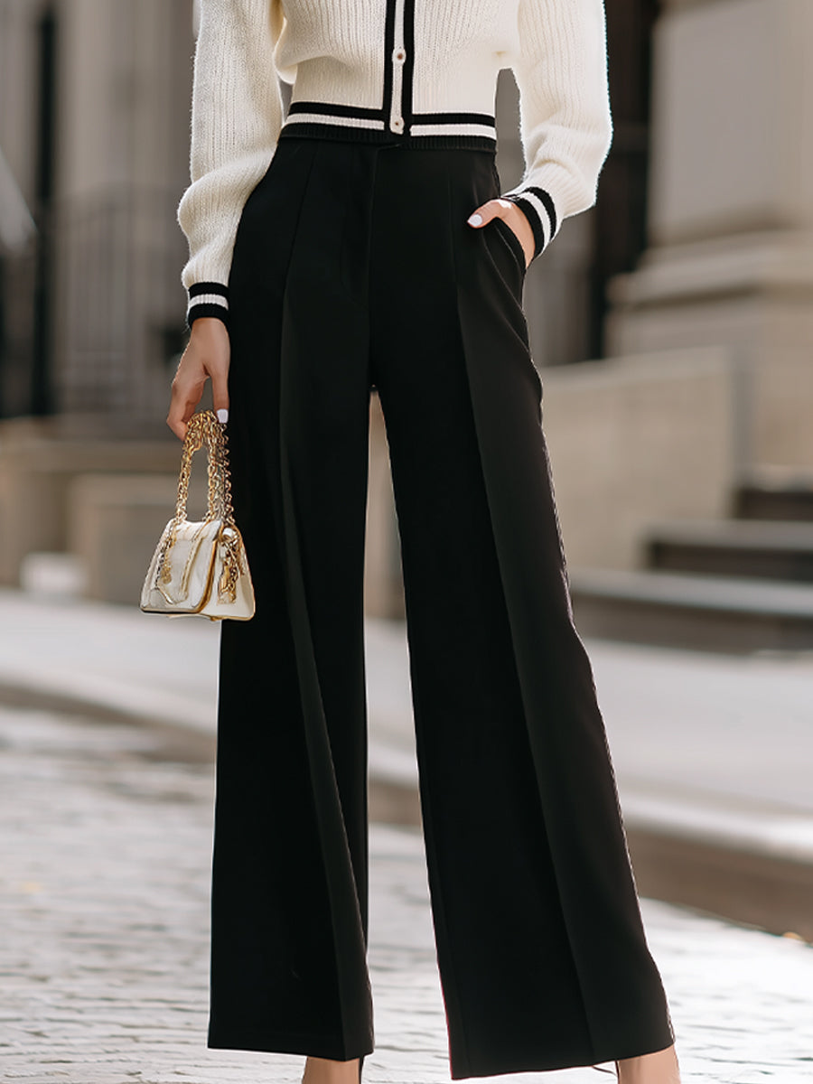 White And Black Contrast Knit Top With Wide - Leg Trousers Set