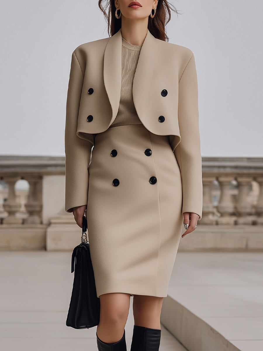 Chic Double-Breasted Cropped Jacket And Skirt Set With Buttons