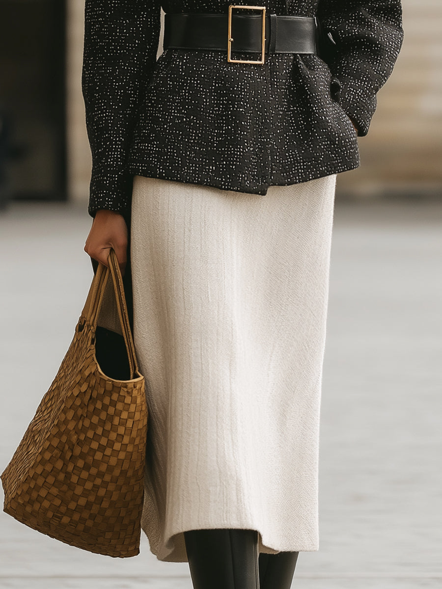 Black Tweed Jacket And Ivory Midi Skirt Set With Contrast Belt
