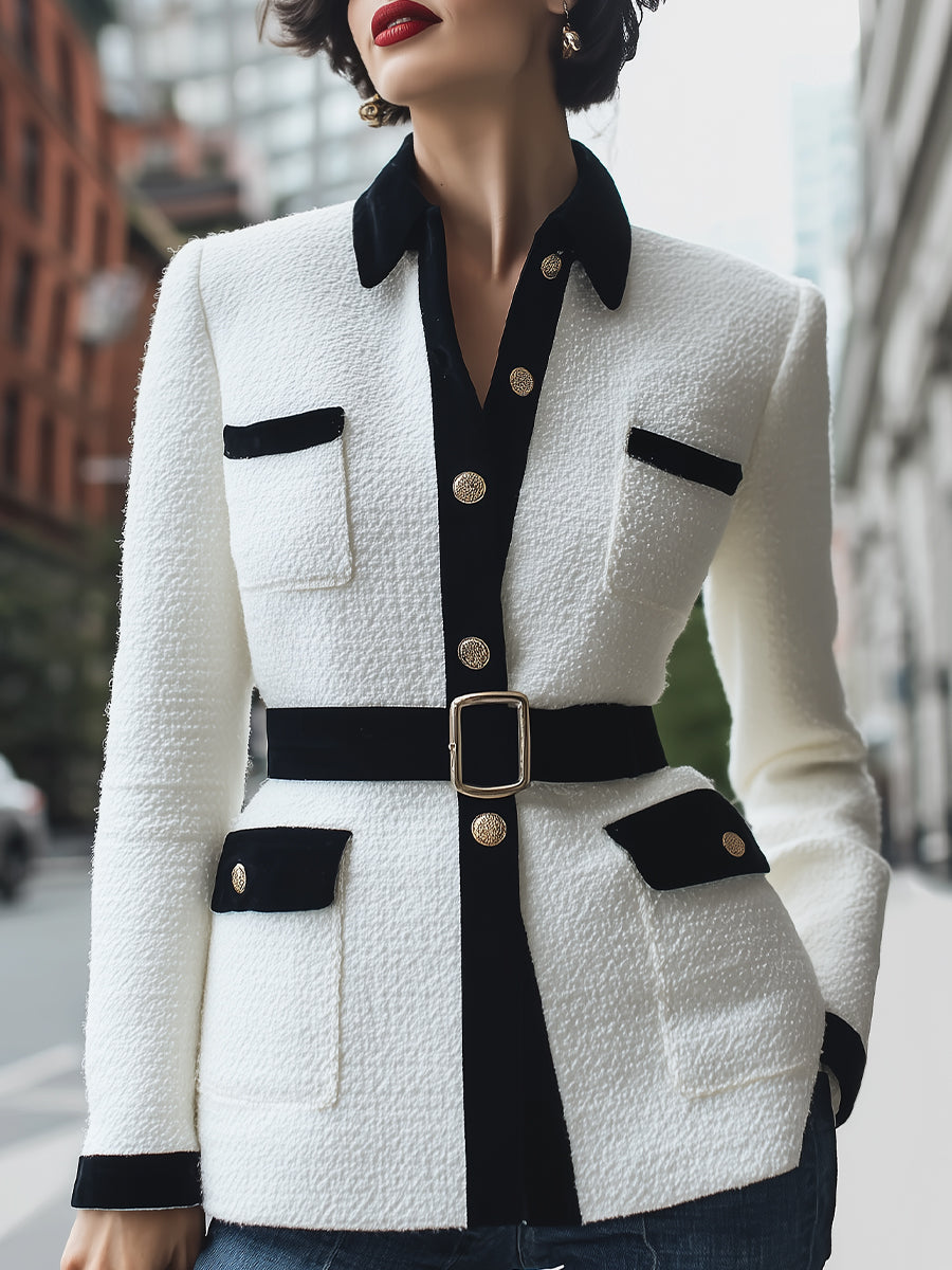 Elegant Black - Trimmed White Tweed Jacket
