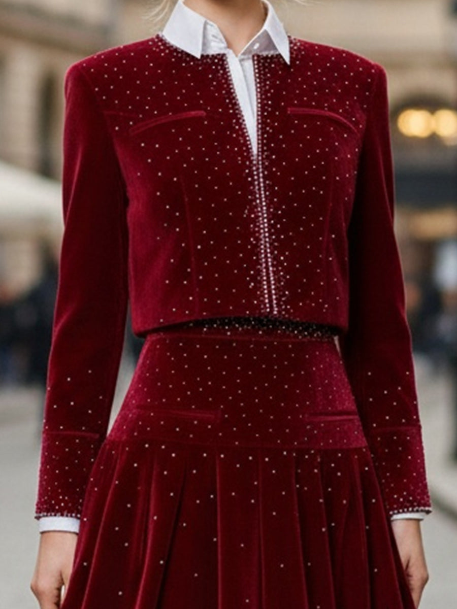 Mooyius Burgundy Velvet Embellished Two-Piece Set