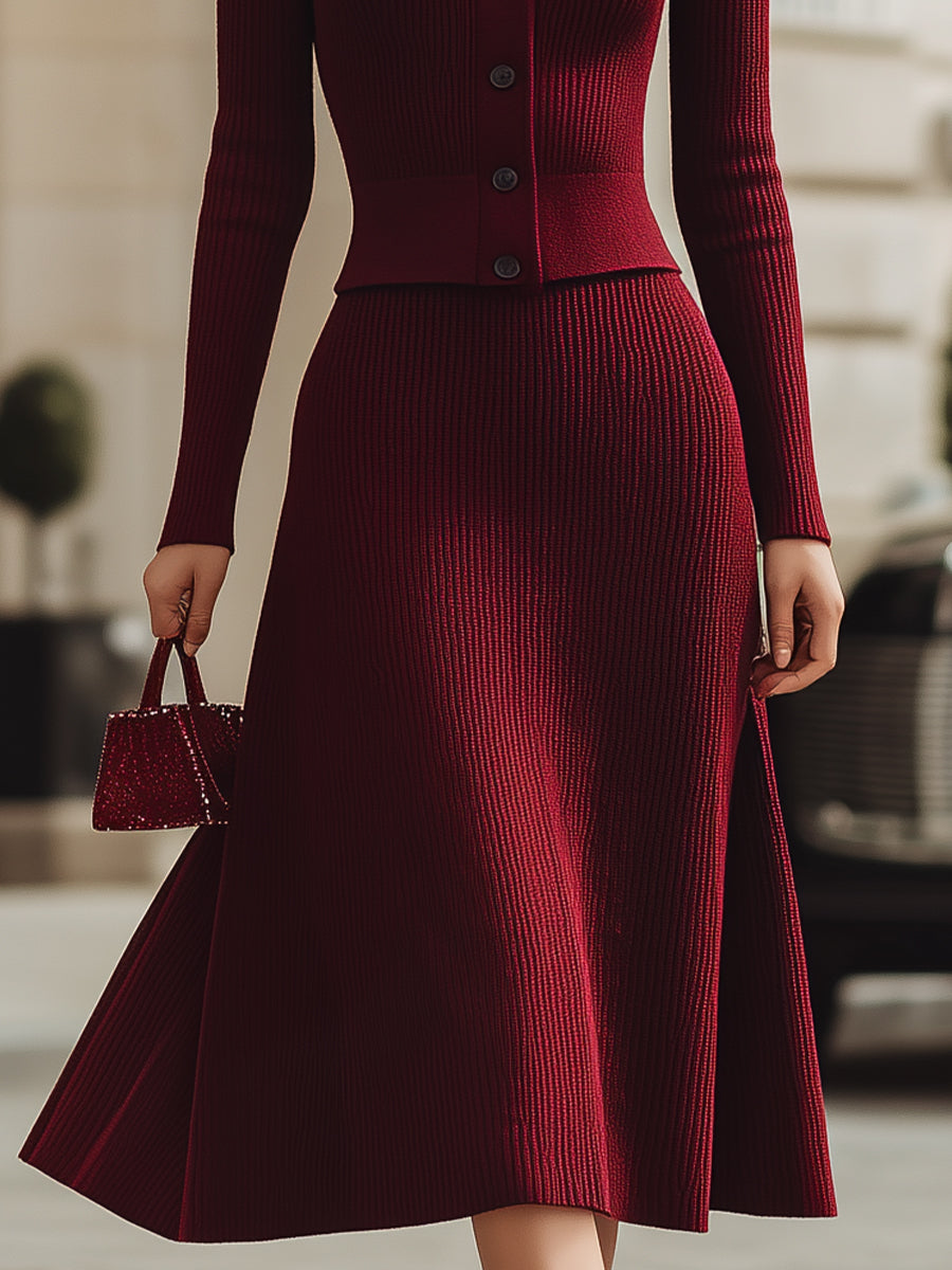 Burgundy Ribbed Knit Midi Skirt Set