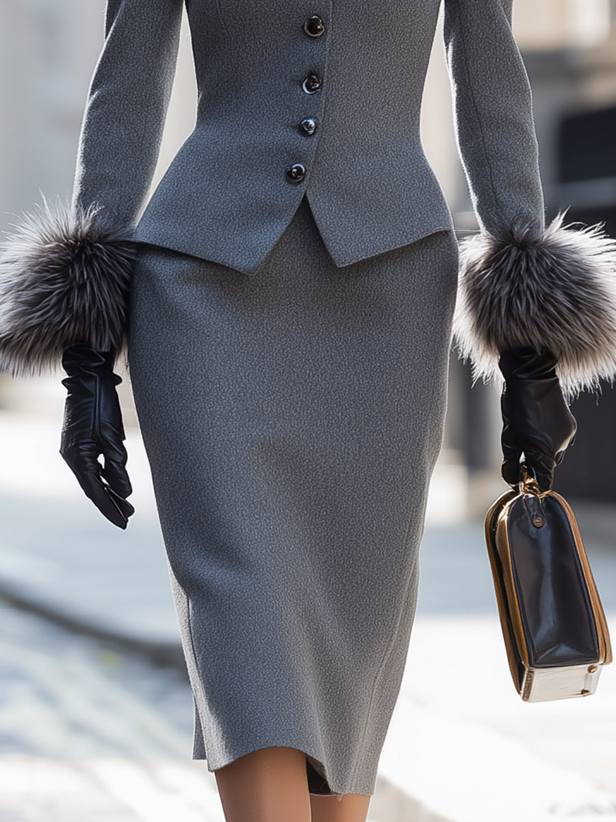 Mooyius Grey Wool Suit With Faux Fur Accents