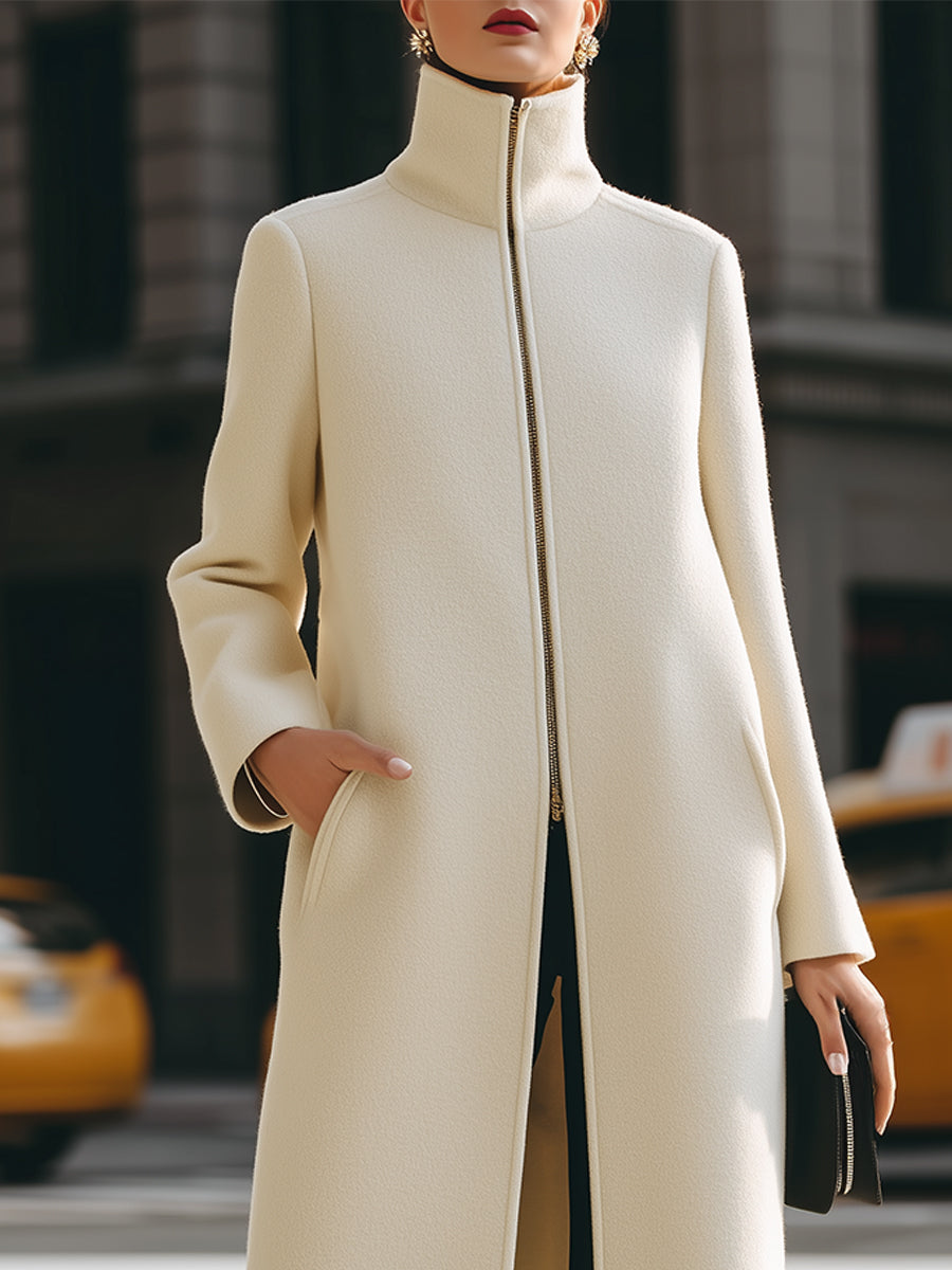 Cream High - Neck Zip - Front Maxi Coat