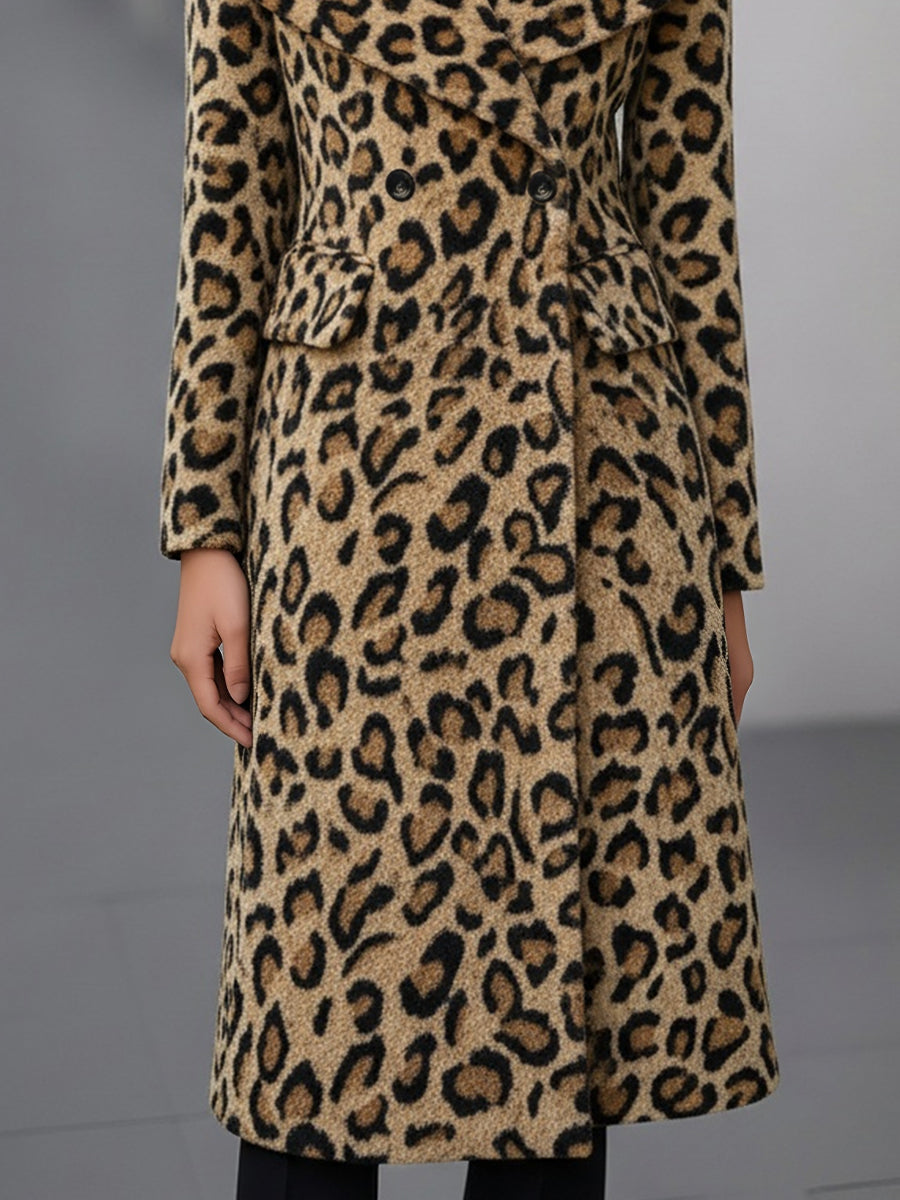 Leopard Print Double-Breasted Wool Coat