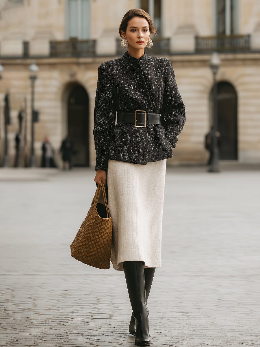 Black Tweed Jacket And Ivory Midi Skirt Set With Contrast Belt