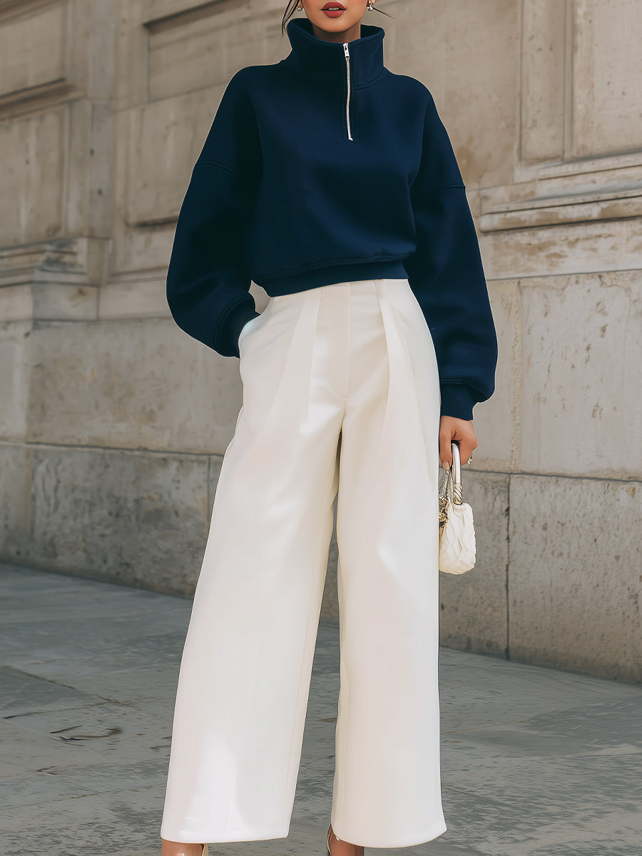 Navy Blue Cropped Sweatshirt And White Wide - Leg Trousers Set