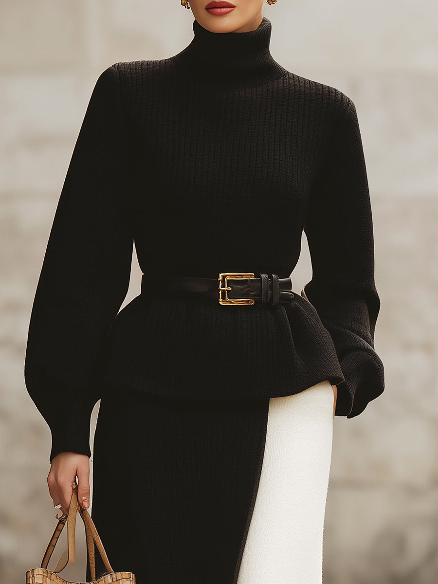 Black And Ivory Color-Block Knit Set With Belt