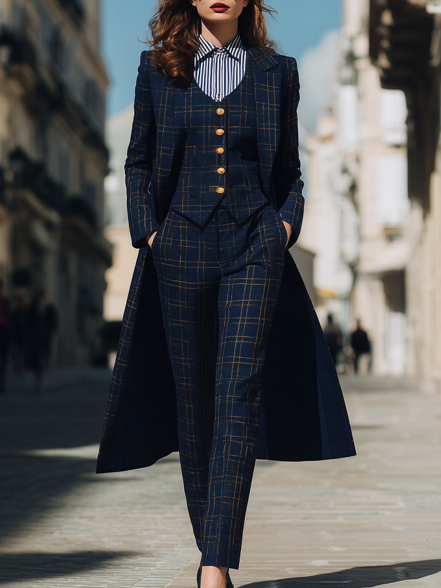 Navy Checkered Three-Piece Suit With Long Coat