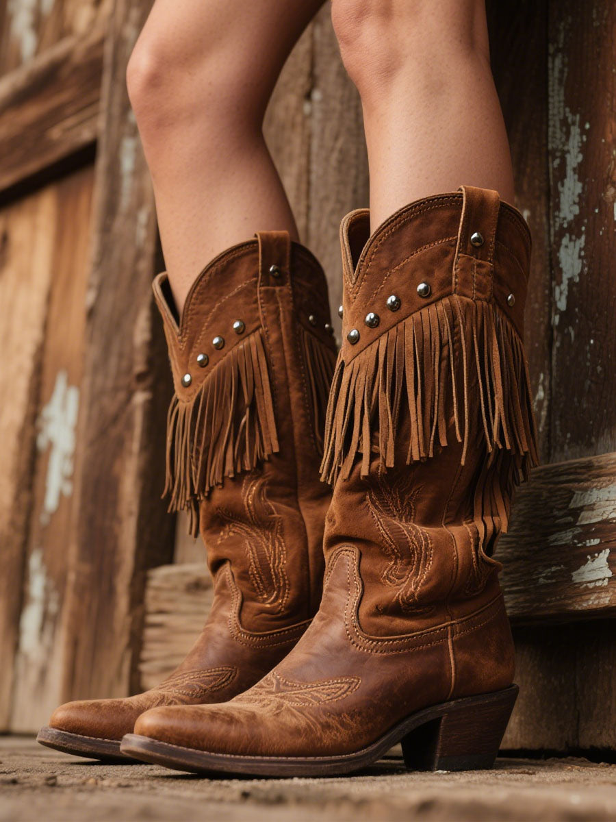 Women's Western Embroidered Tassel Leather & Suede Cowboy Boots