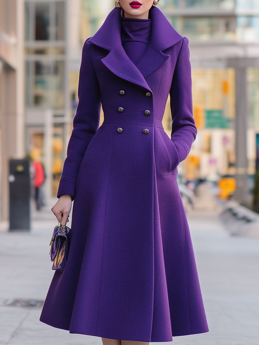 Double-Breasted Shawl Collar Flared Midi Coat