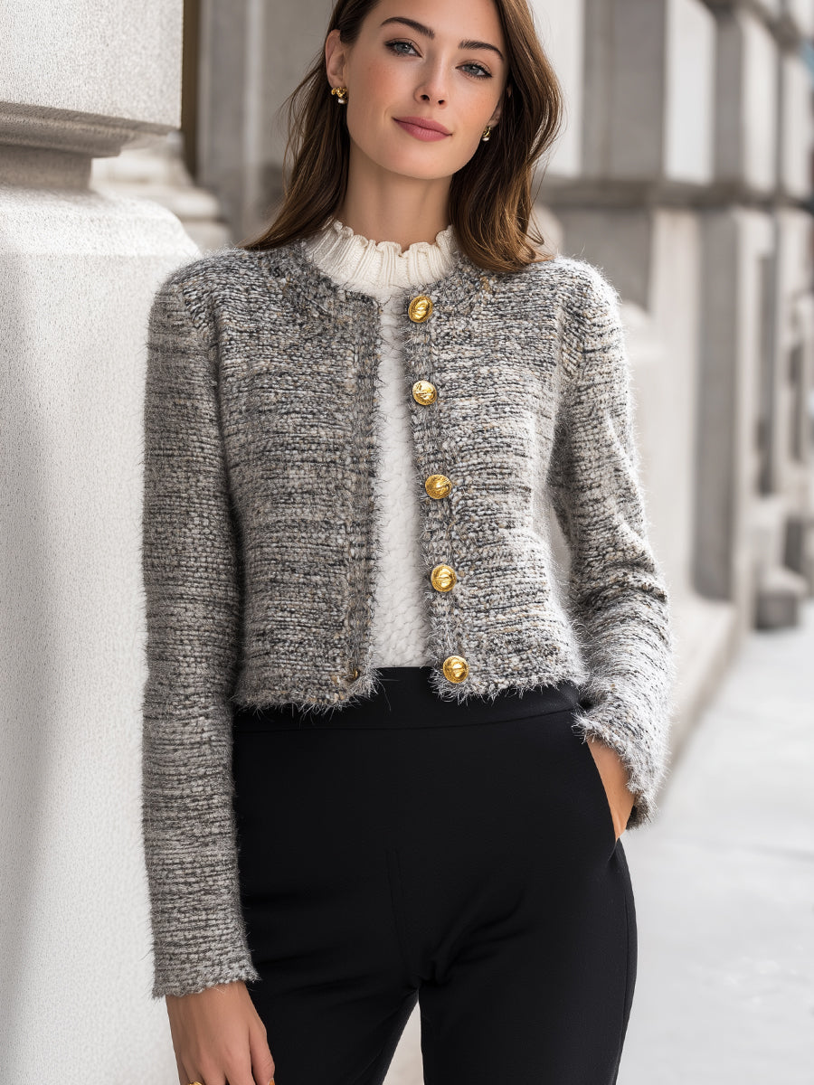 Cropped Tweed Jacket With Gold Buttons