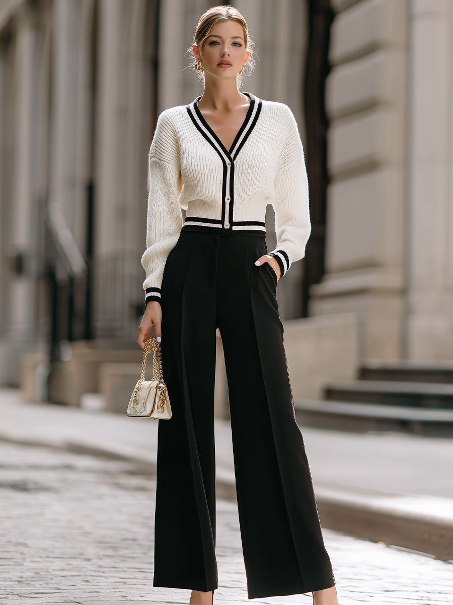 White And Black Contrast Knit Top With Wide - Leg Trousers Set