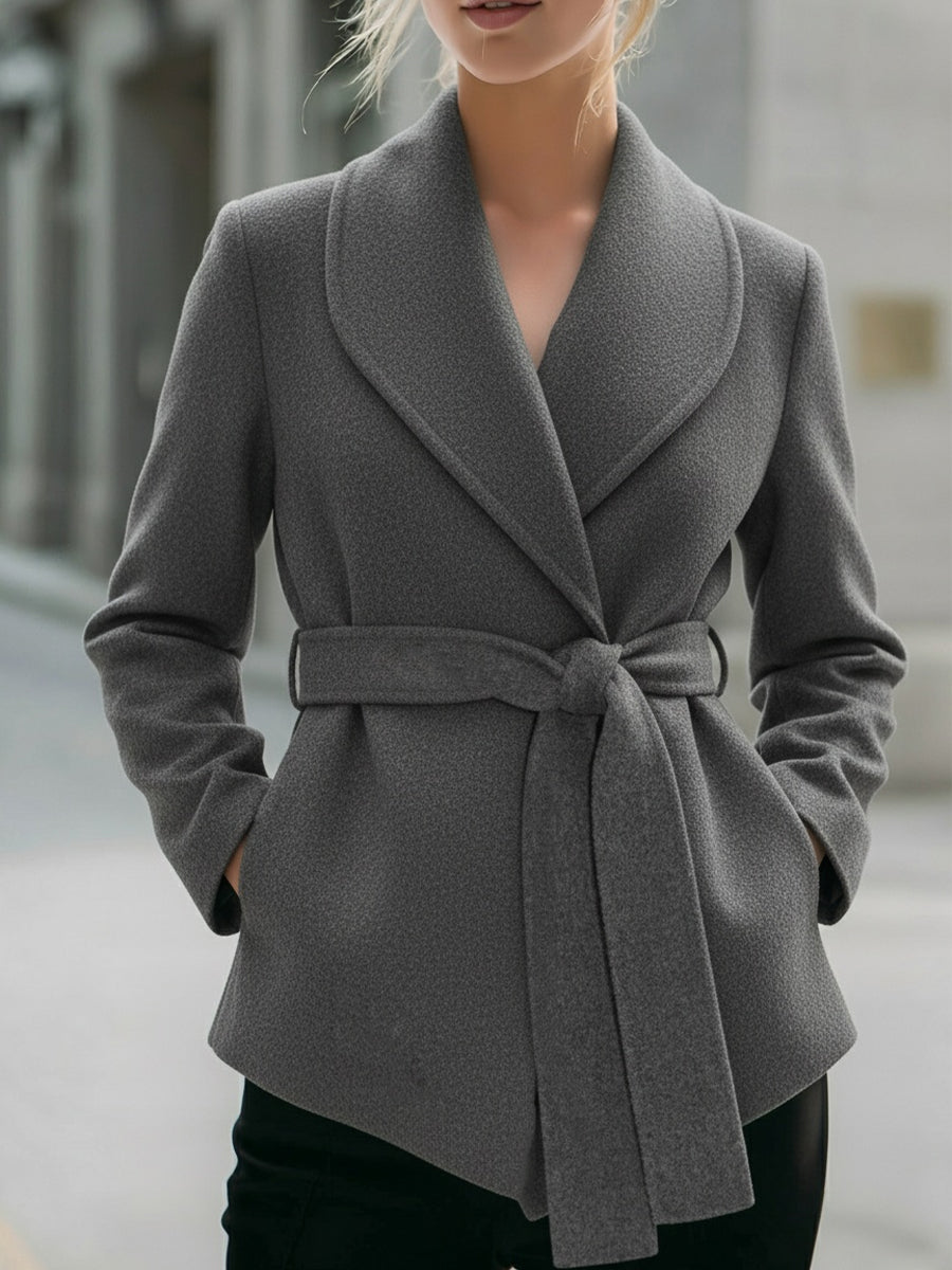 Elegant Grey Wrap - Style Coat With Belt