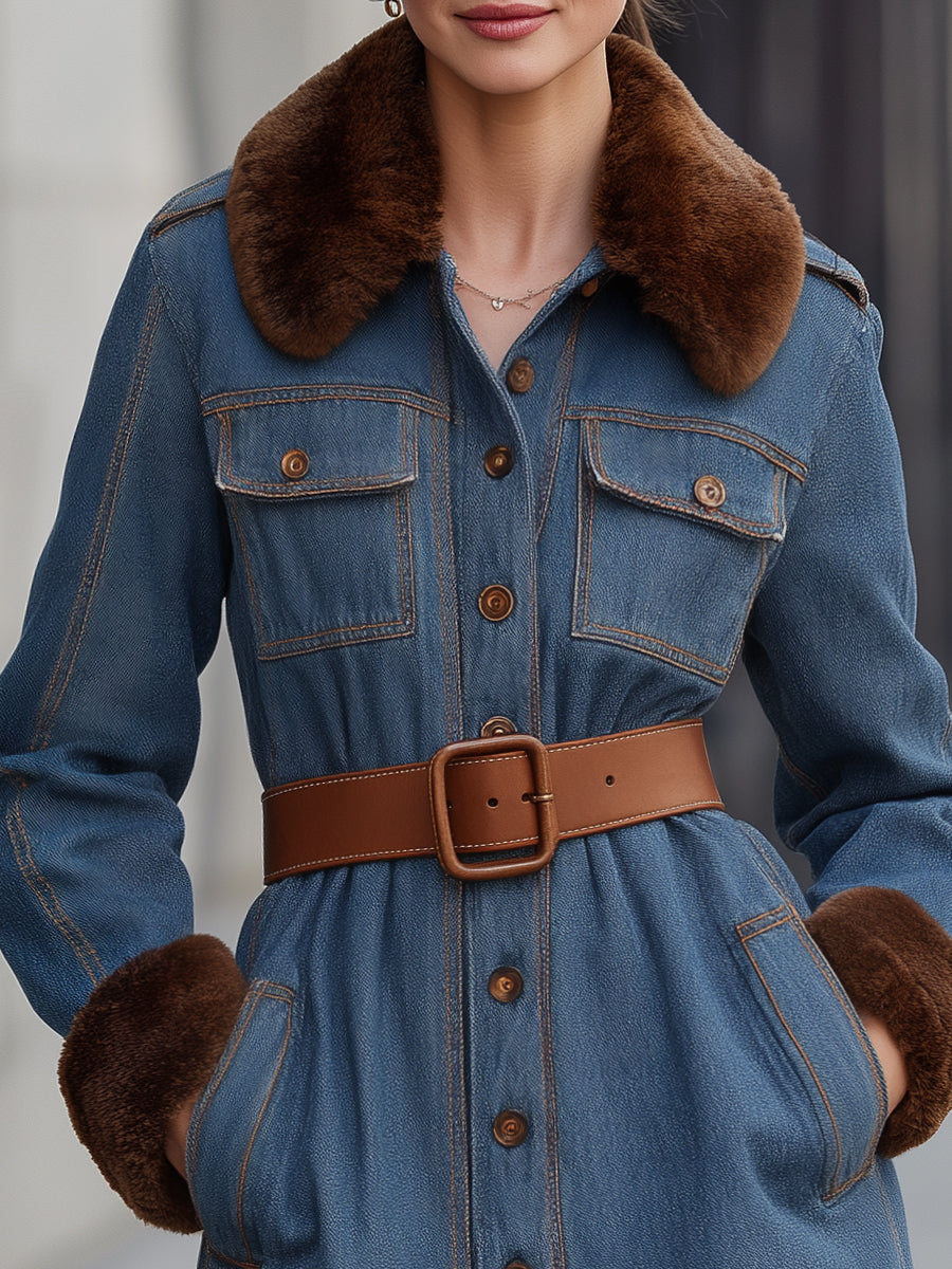 Belted Denim Coat With Faux Fur Trim