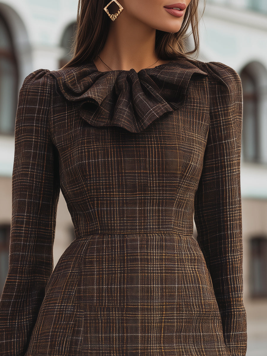 Elegant Plaid Ruffle Detail Mini Dress