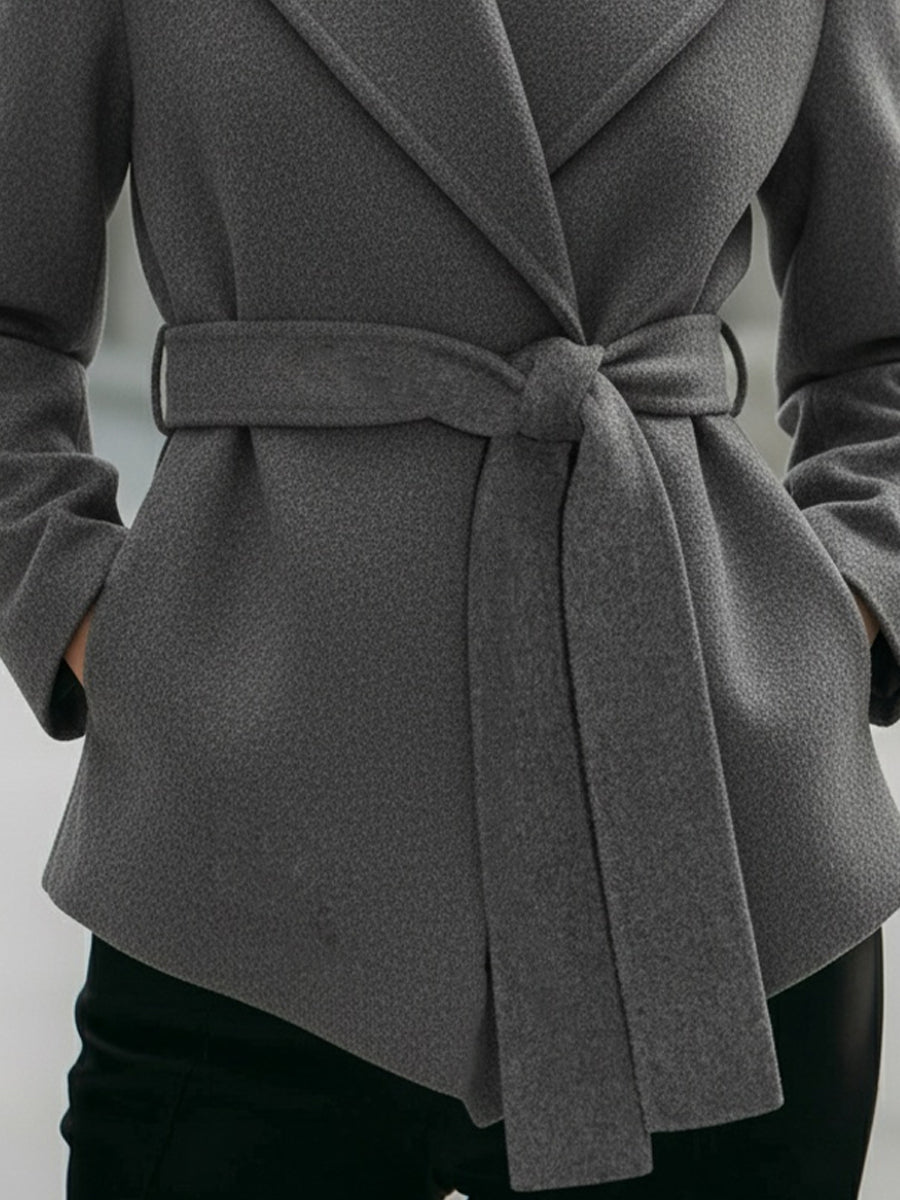 Elegant Grey Wrap - Style Coat With Belt