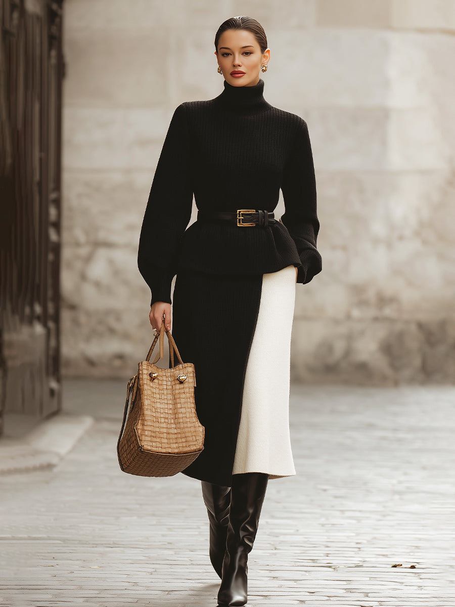 Black And Ivory Color-Block Knit Set With Belt