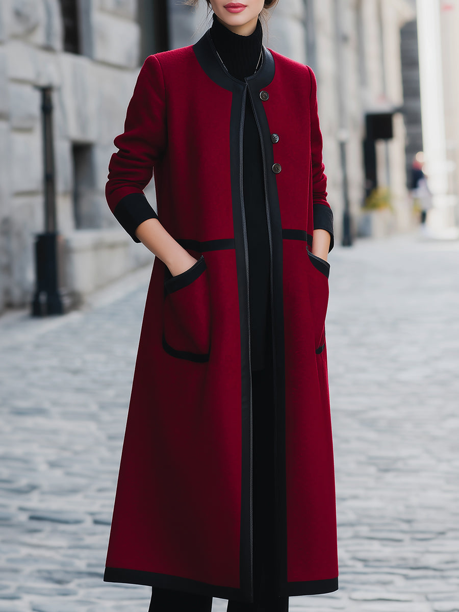 Elegant Contrast-Trim Functional Pockets Wool Coat