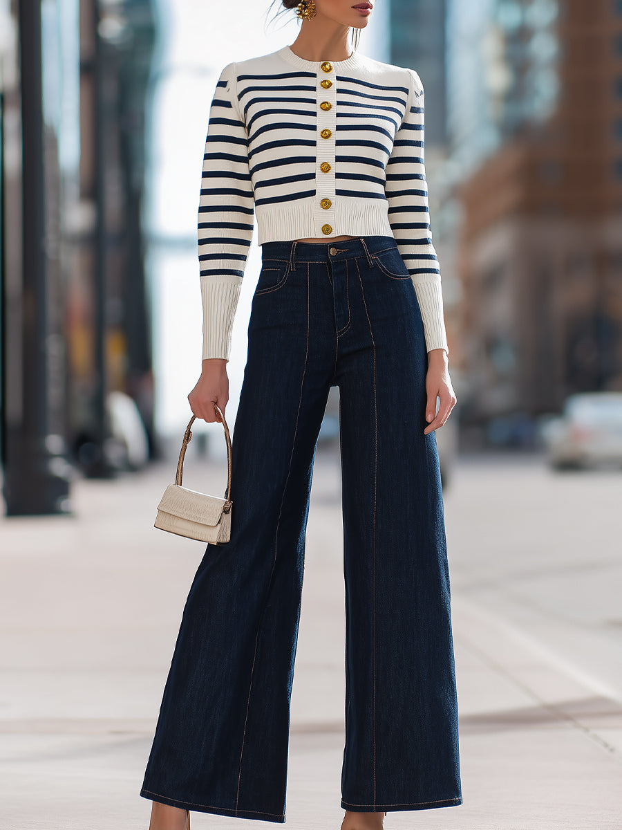 Navy Stripe Cropped Cardigan And Dark Denim Wide - Leg Jeans Set