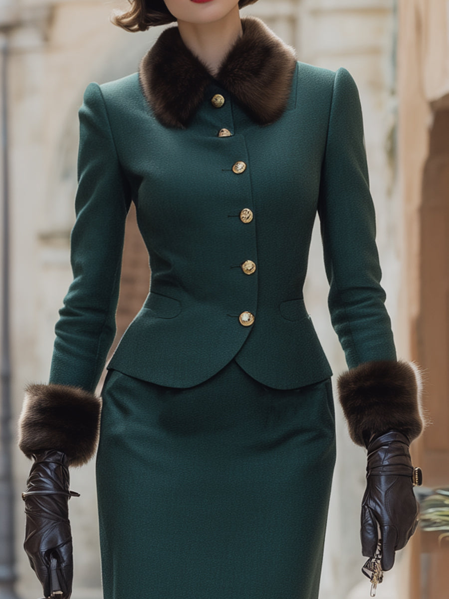 Mooyius Emerald Green Wool Suit With Fur Trim