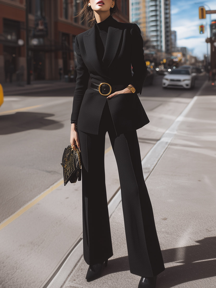 Black Tailored Blazer And Wide-Leg Trouser Set With Statement Belt