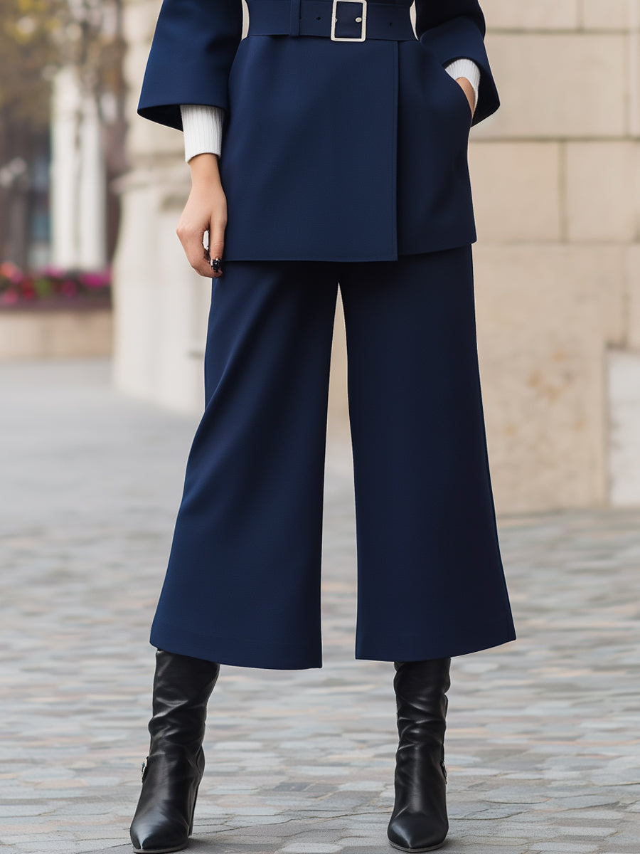 Belted Blazer Wide-Leg Cropped Trousers Suit Set