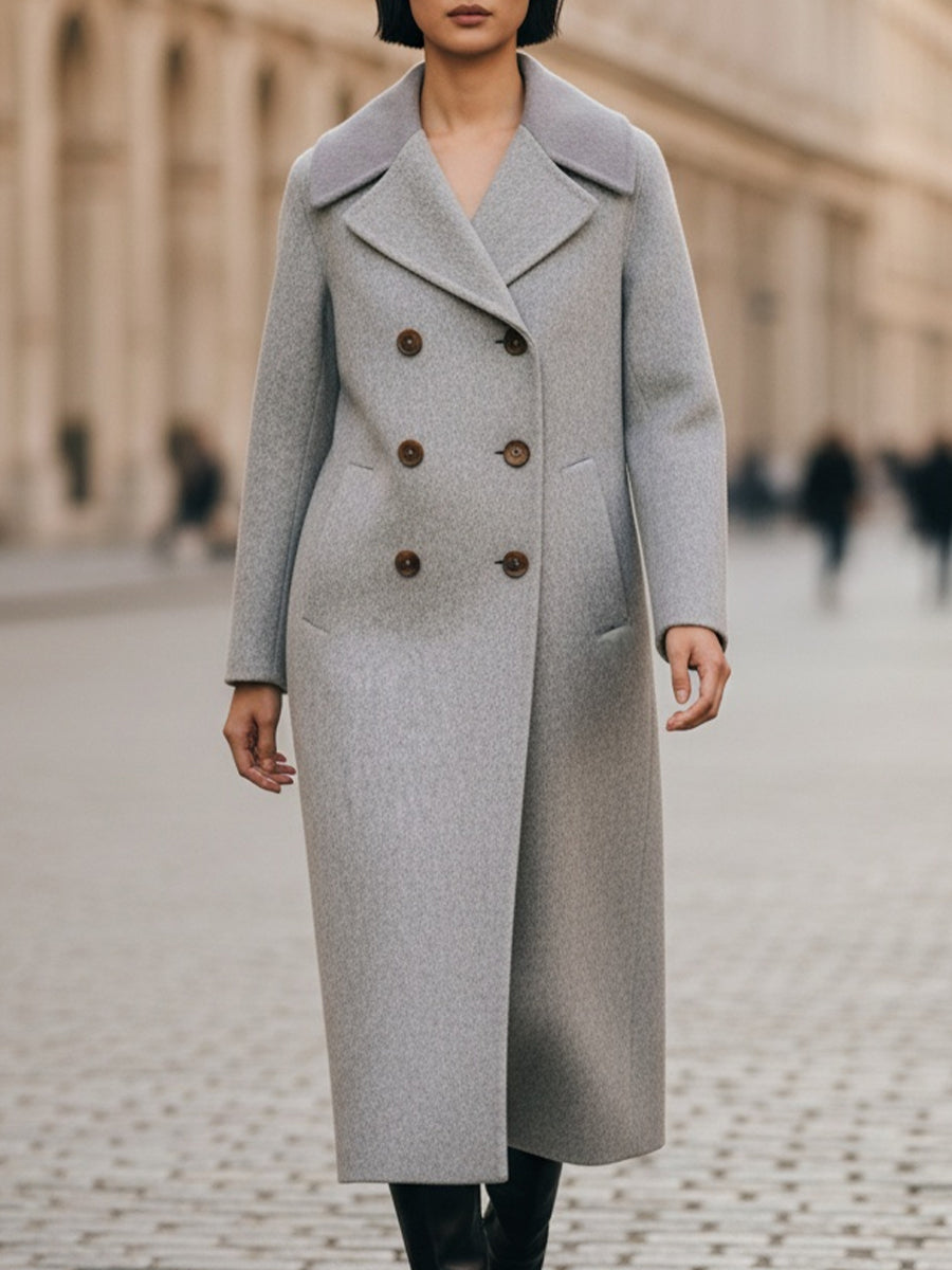 Classic Grey Double-Breasted Long Coat