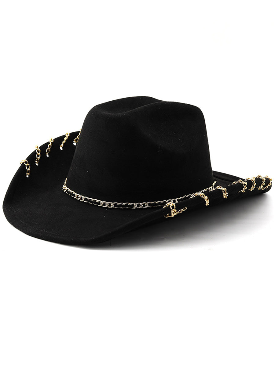 Outdoor Retro Large Brim Decorative Chain Cowboy Hat