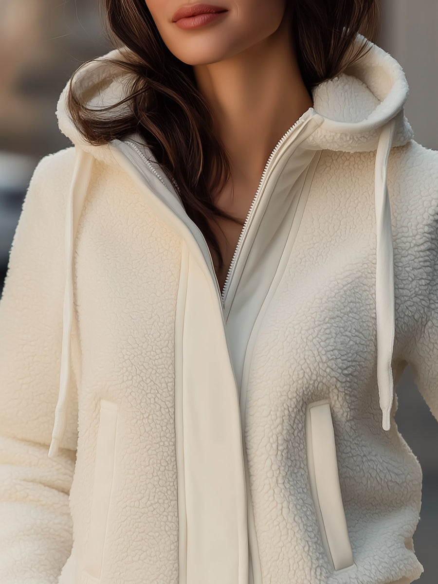 Contrast-Trim Fleece Patchwork Hooded Jacket