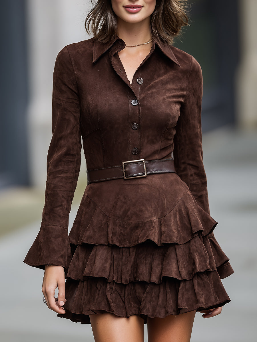 Chocolate Brown Suede Ruffled Mini Shirt Dress