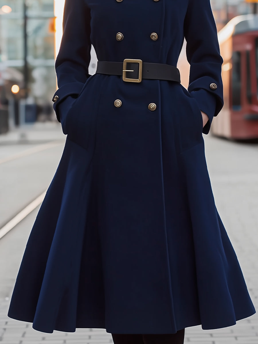 Faux Fur Collar Double-Breasted Belted Midi Coat
