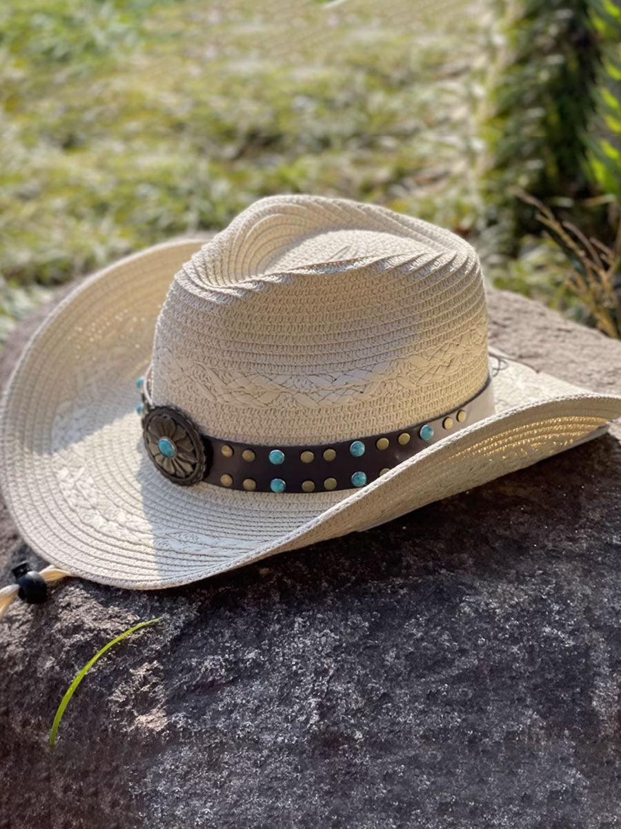 Western Vintage Woven Straw Hat Jeweled Visor