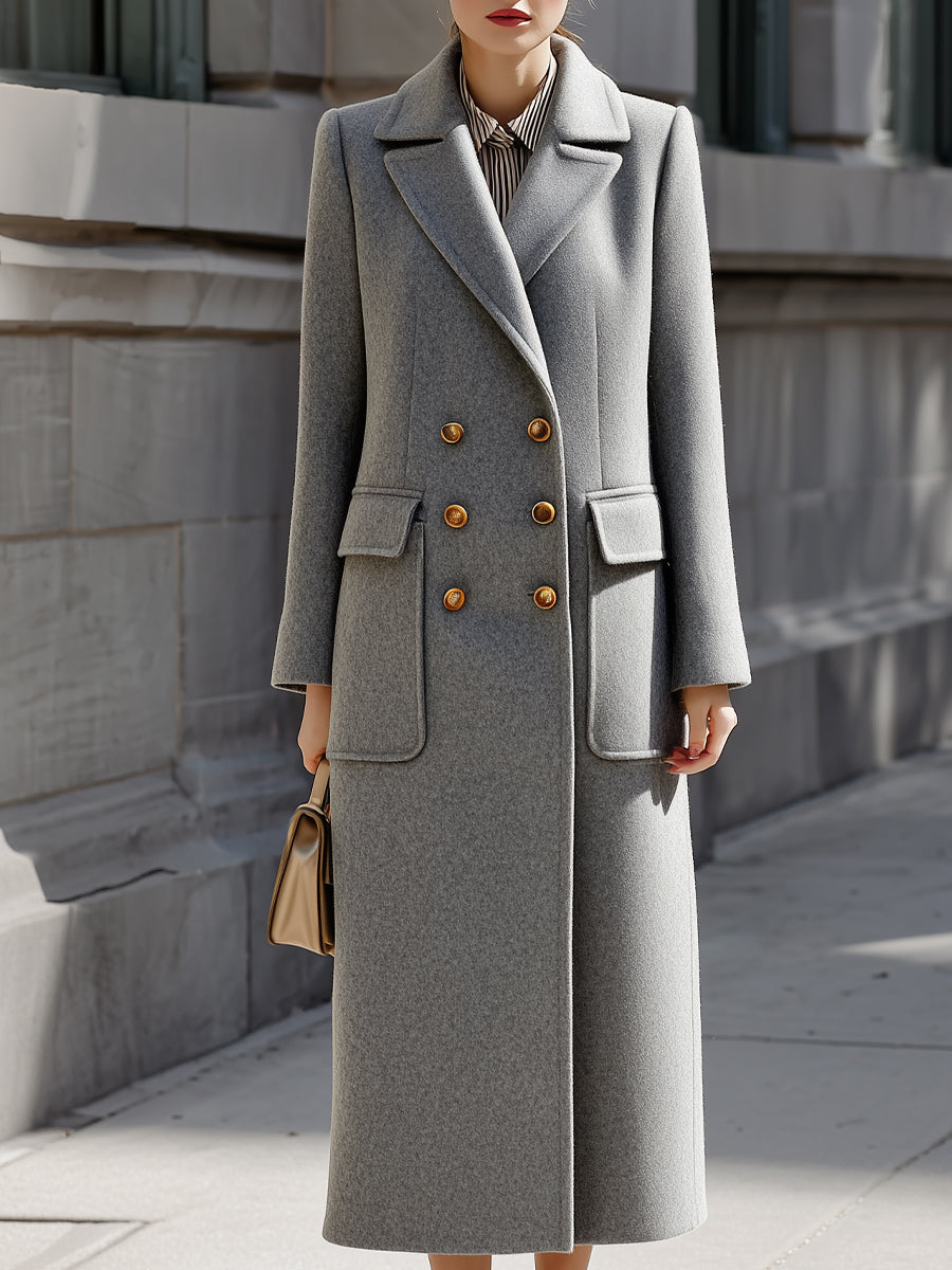 Grey Double - Breasted Wool Blend Maxi Coat